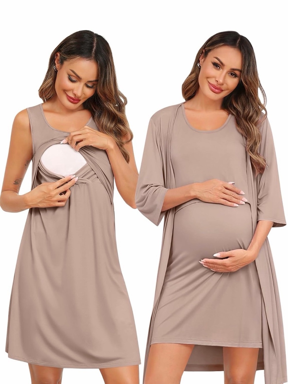 Maternity Nursing Nightgown and Robe Set - Taupe
